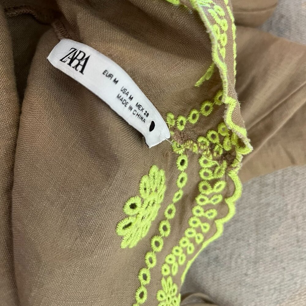 Zara Woman's 100% Linen Brown Embroider Flowers Eyelets Summer Maxi Dress Sz med - Picture 4 of 9